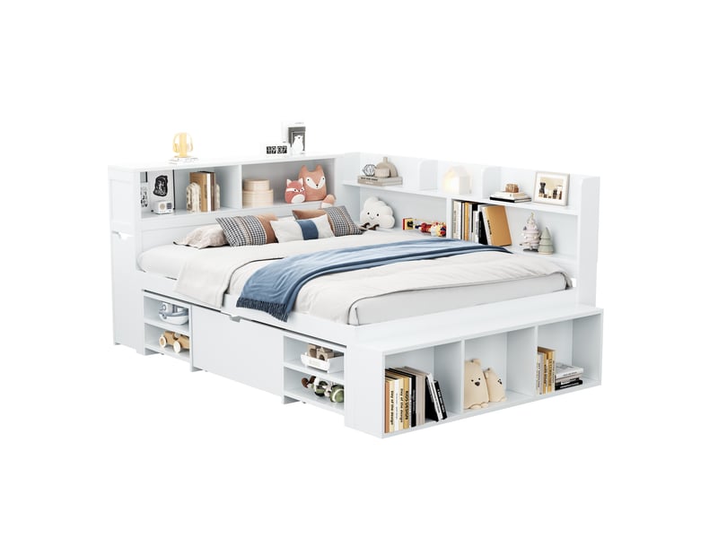  Lit enfant 140x200 cm avec rangements - sommier à lattes inclus, tiroirs et bibliothèque, blanc  - Conforama A