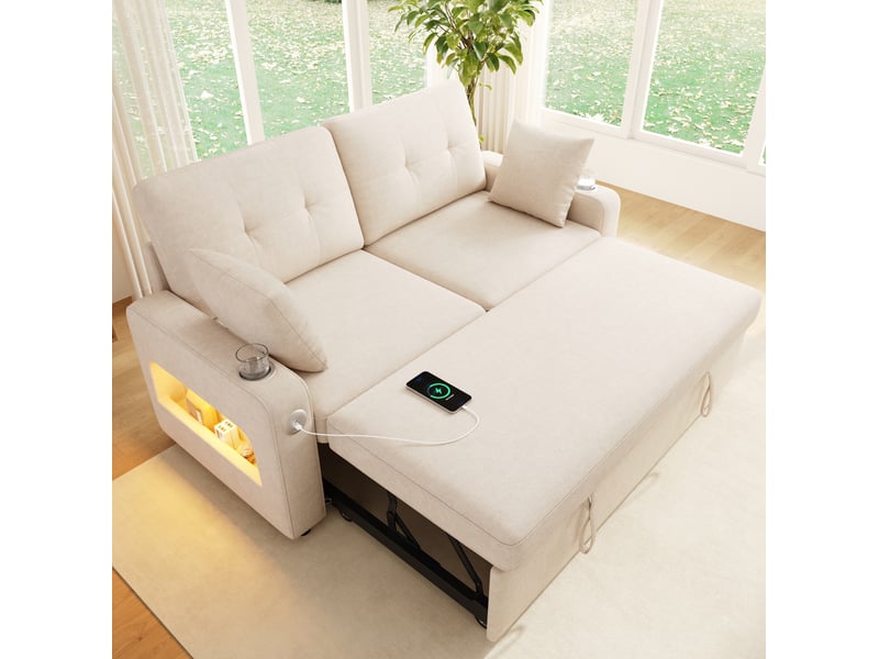  Canapé convertible 2 places modenvie beige en chenille avec led, ports usb et type-c, rangements, porte-gobelets et 2 coussins 141,5 x 131 x 83,5 cm  - Conforama D