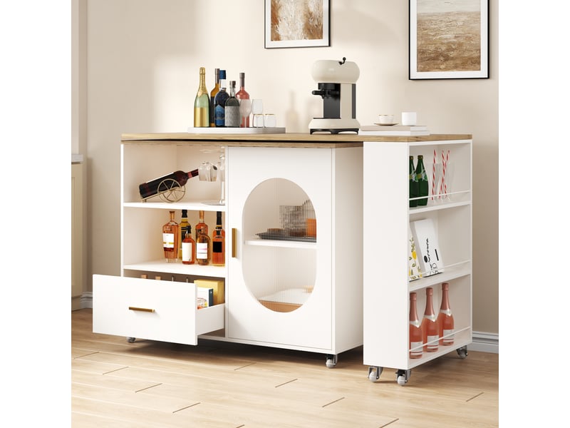 Desserte de cuisine, plateau pivotant à 360°, tiroir, placard et roulettes freinées 120–180×60×90 cm naturel et blanc - Conforama B