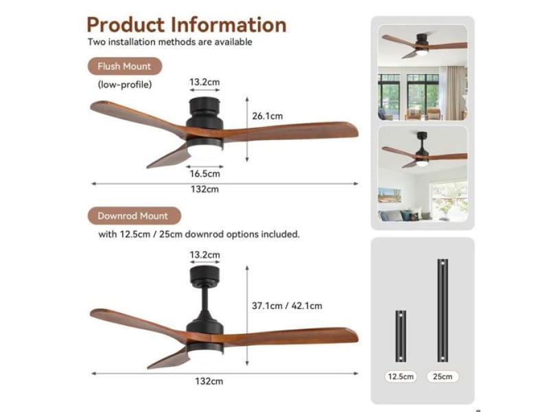  Ventilateur de plafond 52 pouces led, 3 pales bois massif, moteur dc silencieux, 6 vitesses et fonction mémoire des réglages  - Conforama C