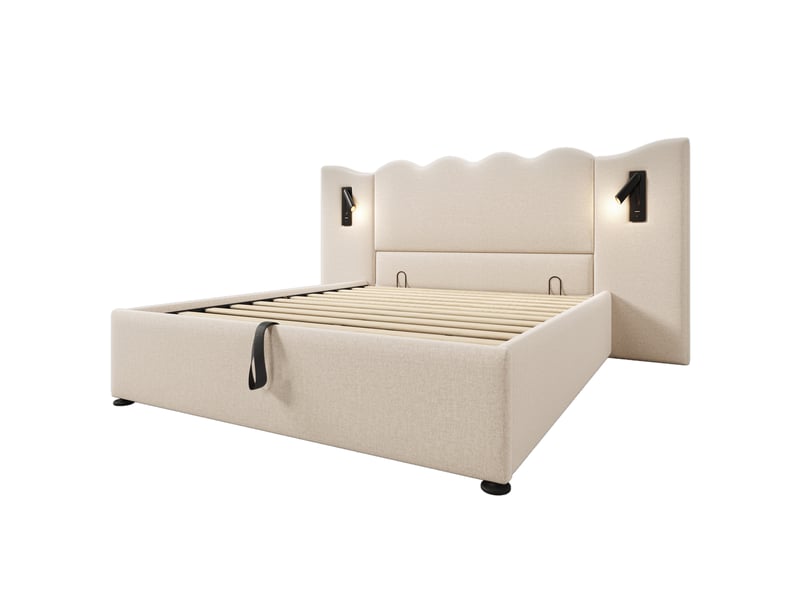  Lit coffre,160x200 cm,avec lampe de lecture et usb-c,lin,beige  - Conforama D