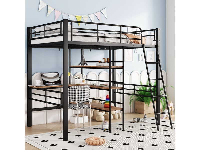 Lit mezzanine enfant 90 x 200 cm avec bureau et étagères, structure en métal noir, échelle et garde-corps - Conforama D