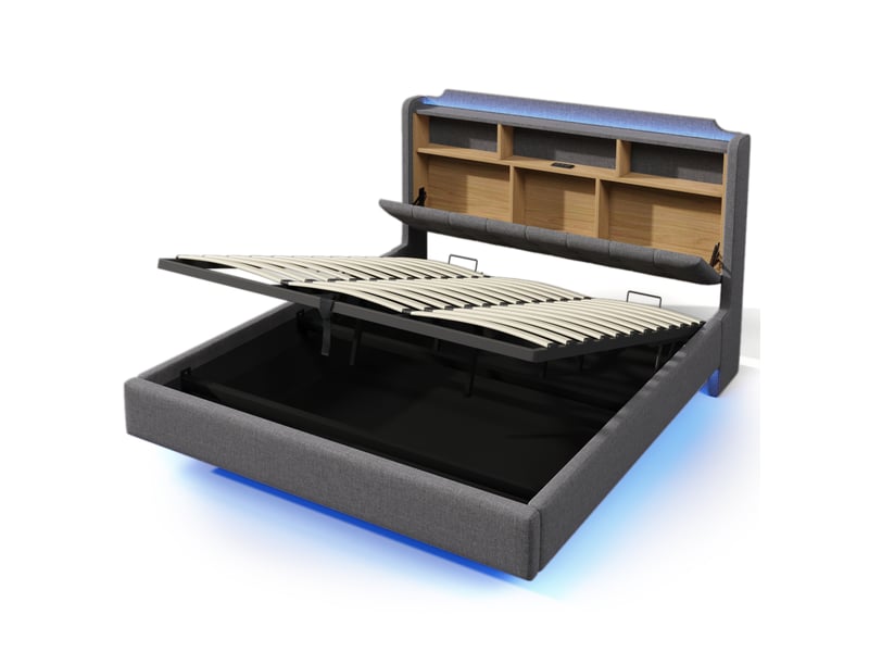  Lit capitonné, 180 × 200 cm, avec bande lumineuse led, rangement hydraulique, compartiments de rangement, design suspendu, matelas non inclus, ports usb et type-c, revêtement en lin  - Conforama E
