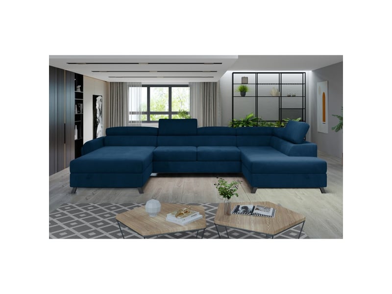  Canapé panoramique bleu foncé 5 places angle droit design moderne clotis  - Conforama A