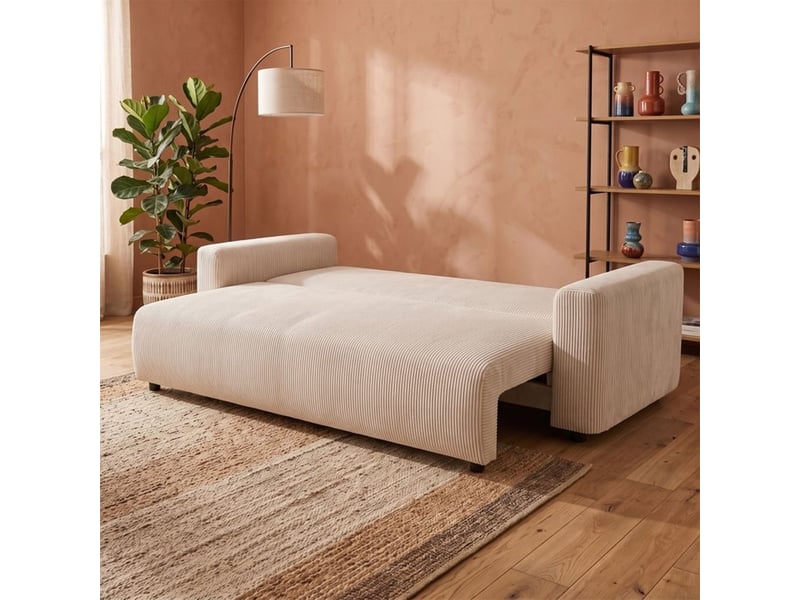  Canap convertible pharell 2 3 places avec coffre perle beige velours côtelé 5 coussins B007892 - Conforama C