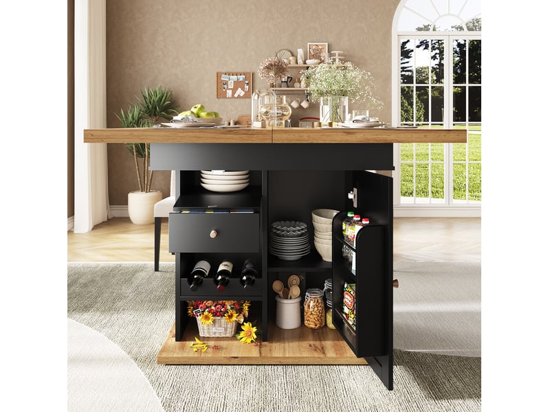  Table à manger extensible, 110-140x80x75 cm, 4-6 places avec porte-snacks, salle à manger, mdf, coloris noir et naturel  - Conforama E