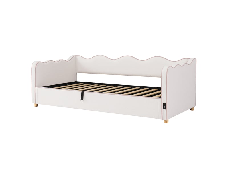  Lit banquette coffre 90x200 cm en bouclé beige lit enfant simple avec usb et type-c  - Conforama E