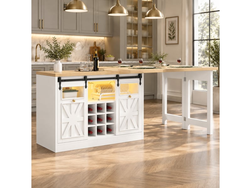  Îlot de cuisine avec table extensible et plateaux pivotants - lpospi - led rgb, mdf et verre blanc  - Conforama B