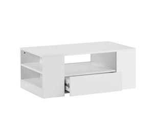 Table basse led avec 2 tiroirs et 2 étagères, table salon 95x53x37 cm en bois, blanc