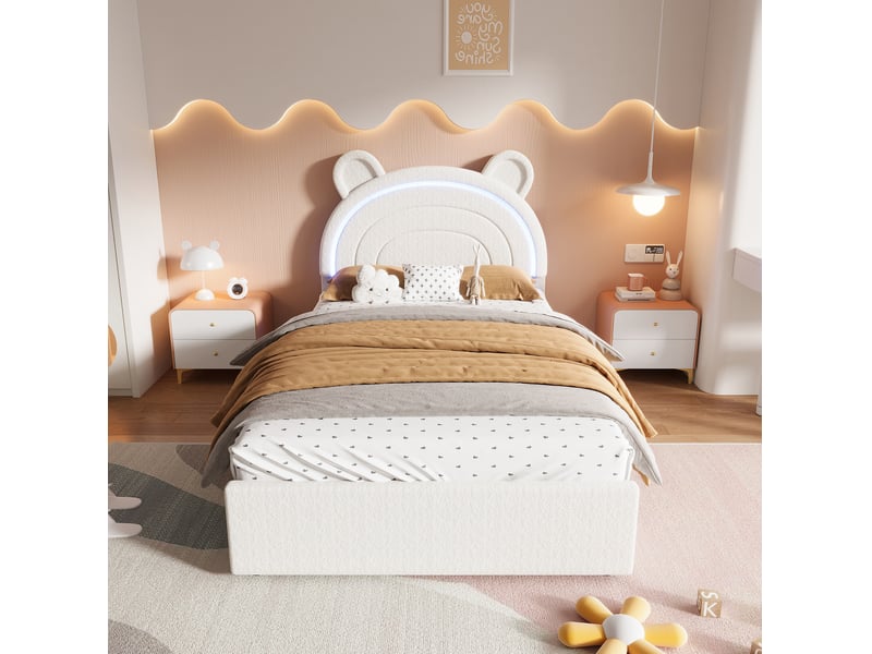  Lit enfant 90x200 cm, lit simple avec 4 tiroirs et led commandée par application couleur beige sans matelas, moderne  - Conforama D