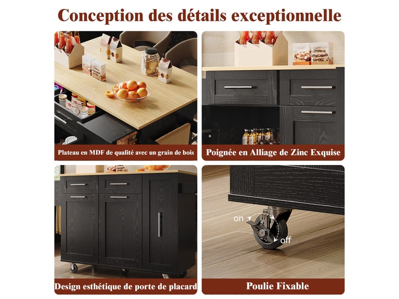 Îlot central de cuisine 110 x 4674 x 90.5 cm, avec plateau rabattable, étagères de rangement et roulettes, noir - Conforama E