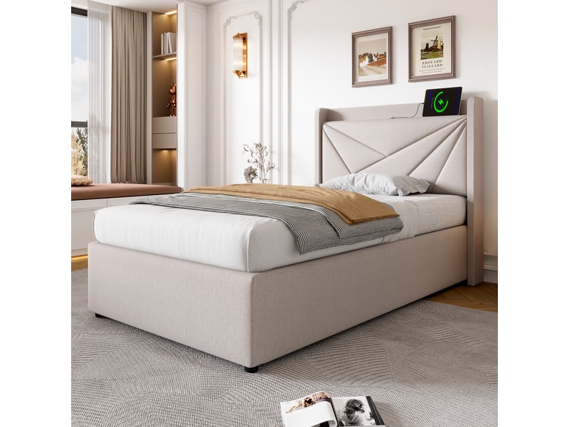 Lit coffre avec chevet géométrique 90 × 200 cm, beige IKSETERA TRADING LTD - Conforama E