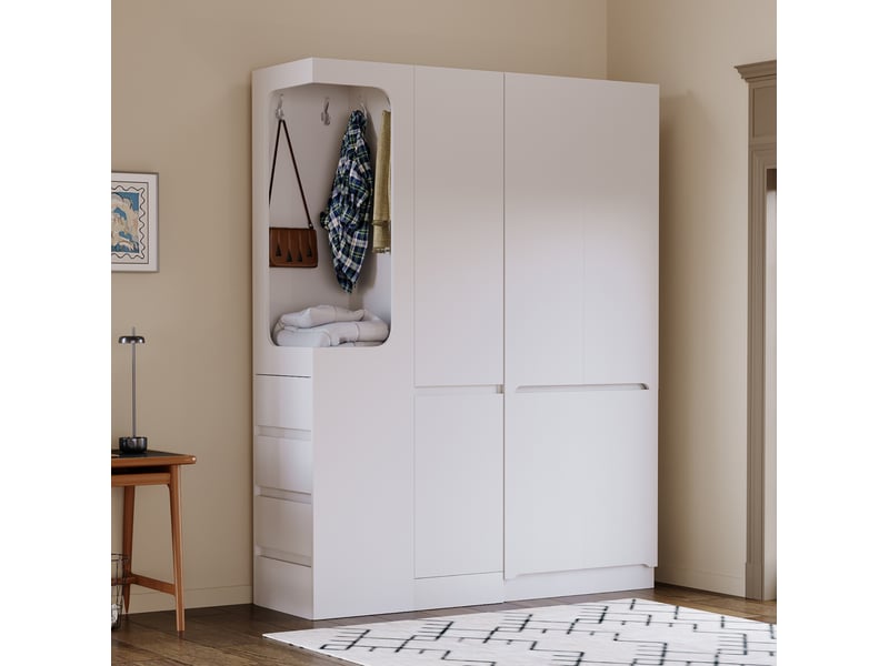  Armoire grande capacité 140x40x170 cm, penderie ouverte, 4 tiroirs et multiples compartiments, bois, couleur blanc  - Conforama B