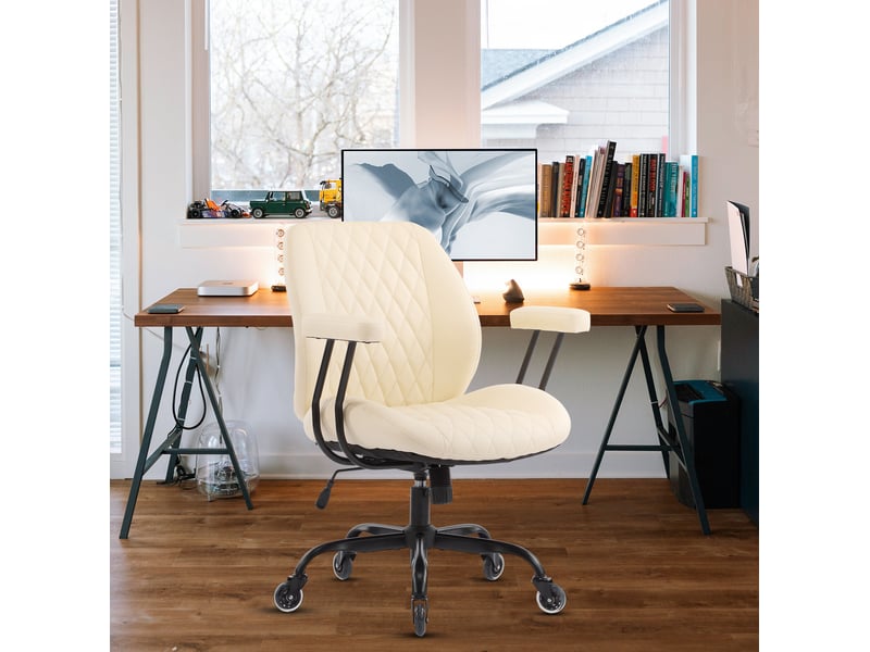  Fauteuil de bureau crème en cuir, réglable en hauteur, avec roulettes et accoudoirs amovibles  - Conforama C