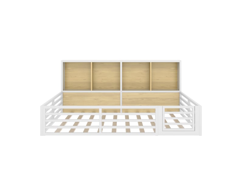  Lit banquette blanc 140 × 200 cm en métal, sommier à lattes, garde-corps et rangement latéral  - Conforama A