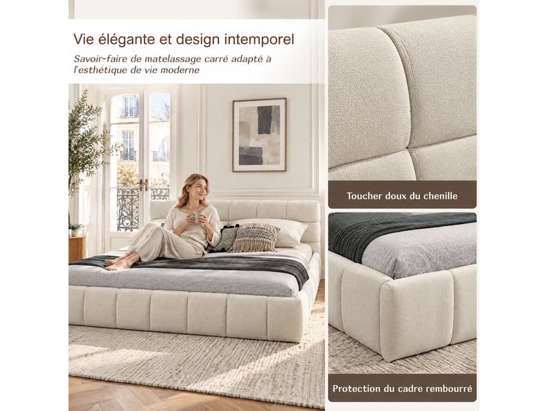  Bubble bed 140x200 cm, lit double rembourré 140x200 cm - cadre de lit - lit en chenille - sommier à lattes - capacité de charge 300 kg - chenille - beige  - Conforama E
