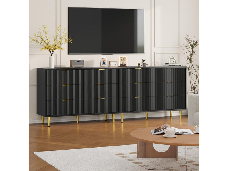 Commode 6 tiroirs moderne - grand espace de rangement, anti-basculement façade ondulée, poignées et pieds dorés, 100x40x75cm-noir PHK_35LS575A - Conforama E