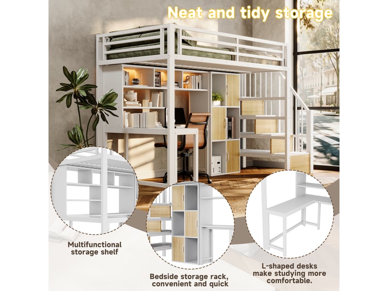  Lit mezzanine 90x200 cm avec bureau intégré, rangements ouverts et fermés, escalier de rangement, led via appli, garde-corps, métal et mdf, blanc  - Conforama E