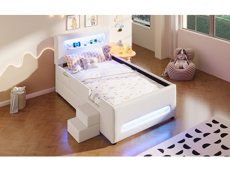  Lit enfant 90 × 200 cm rembourré, marches, tiroirs et poches de rangement, éclairage led et usb, mdf et pu, blanc  - Conforama B