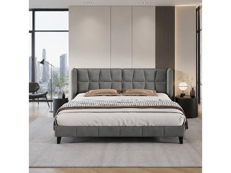  Lit double 180×200 cm structure stable, tête de lit rembourrée  - sans matelas velours gris  - Conforama C