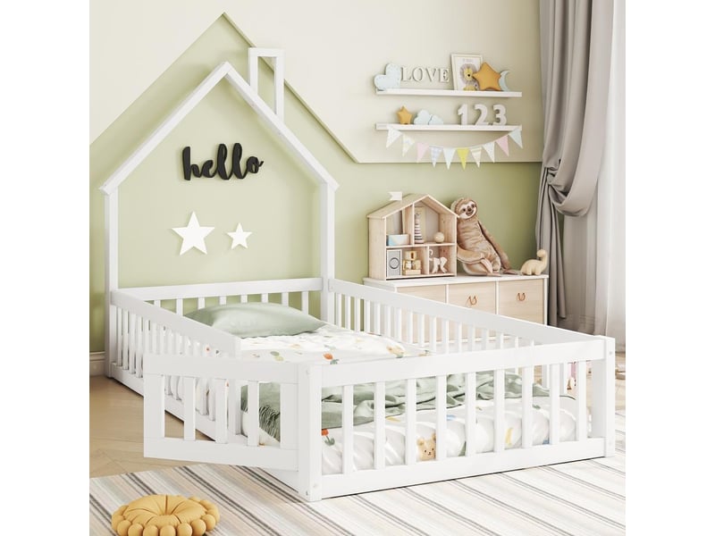  Lit enfant 90x200cm, lit cabane bois forme cheminée, barrières sécurité, sommier lattes, blanc  - Conforama B
