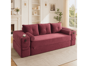 Canapé droit compressé convertible <strong>MAISENTIEL</strong> <strong></strong> 3 places Velours côtelé rouge