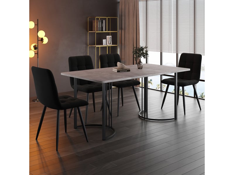 Ensemble repas 5 pièces table avec plateau mdf à motif marbre et pieds métal réglables 4 chaises velours noir  - Conforama W