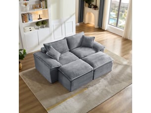 Canapé 2 places avec repose-pieds en velours côtelé, assise profonde et structure à ressorts, gris