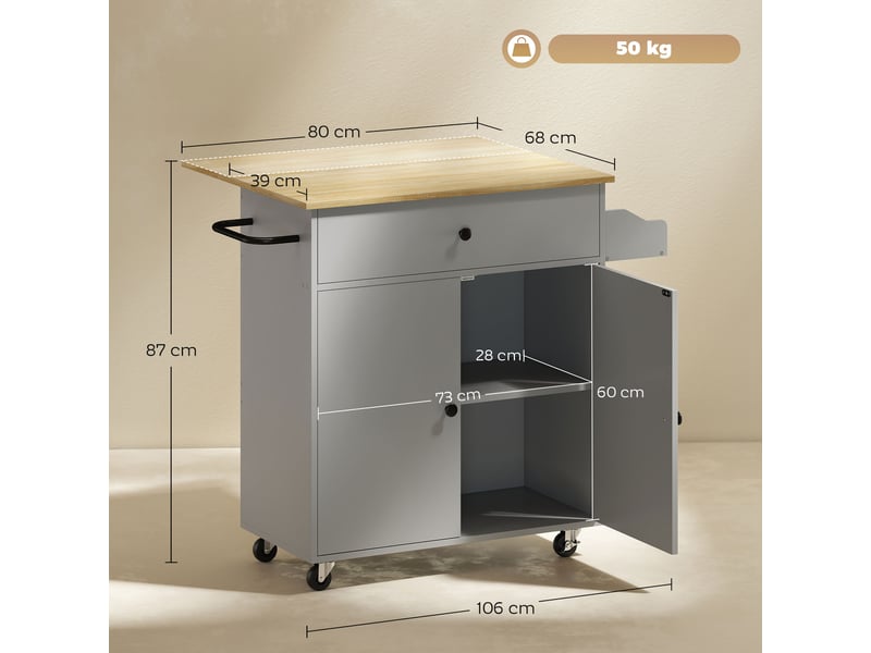  Desserte de cuisine avec plateau rabattable tiroir et placard gris et chêne 106x42x87 cm  - Conforama C
