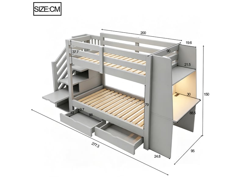  Lit superposé 90x200 cm - avec éclairage led - avec rangement - en bois - gris CARDUME ESTIVAL - Conforama C