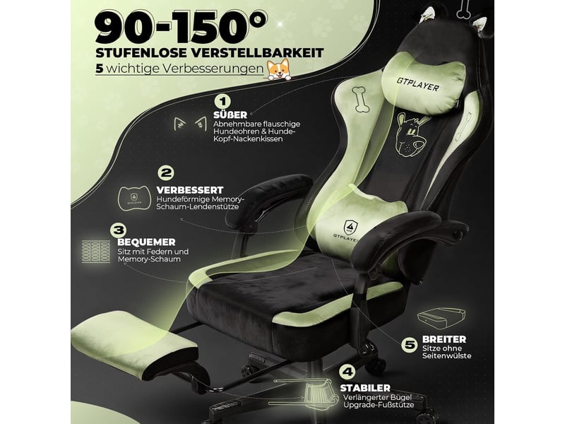  Gtplayer chaise de jeu avec oreilles de chat, mousse à mémoire de forme, repose-pieds, 150kg, velours - vert GTP610-GE - Conforama D