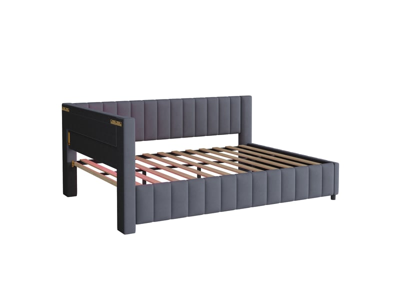  Lit 2 places 140x200 cm – gris – cadre capitonné en velours avec led multicolore et port usb, sans matelas  - Conforama E