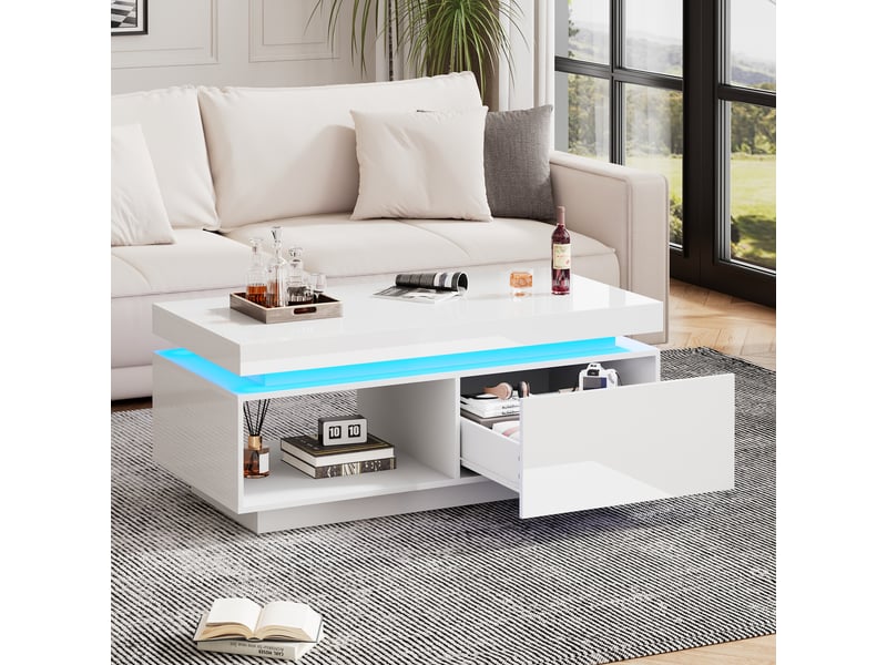  Table basse moderne laquée brillante avec éclairage led, 100 x 50 x 40,3 cm – table élégante avec tiroir et capacité de charge de 50 kg  - Conforama B