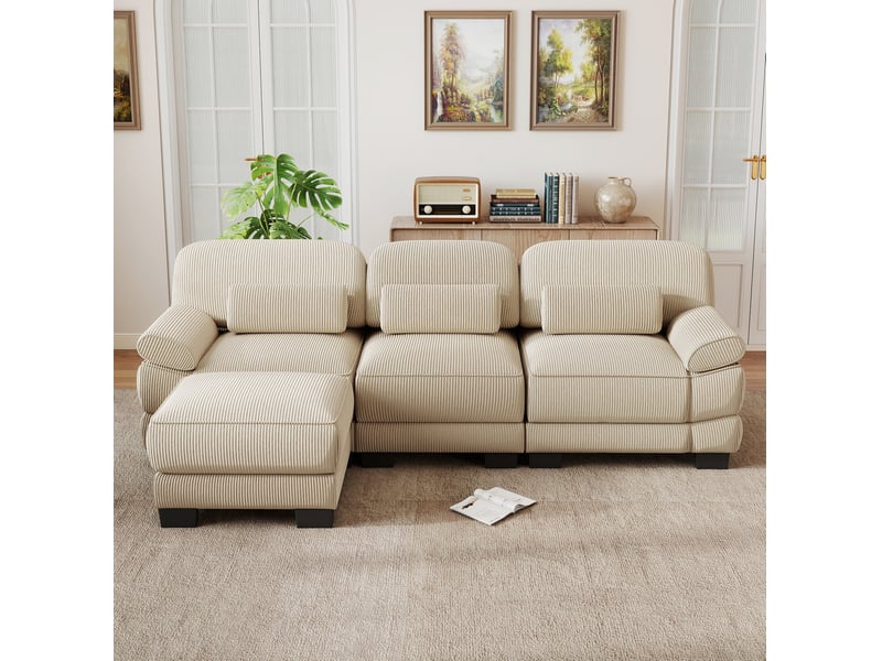  Canapé modulable 3 places en l 265x161x94 cm avec pouf velours côtelé beige  - Conforama E