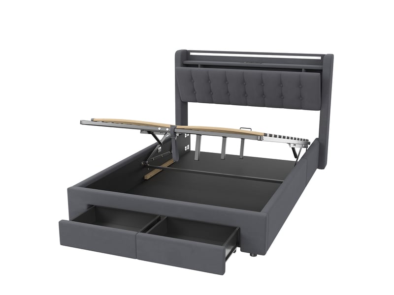  Lit rembourré ulevr 140x200 cm avec 2 tiroirs, éclairage led, ports usb, sommier hydraulique, velours  - Conforama E