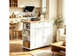 Îlot de cuisine avec plateau pliant 101x62x86 cm, desserte de cuisine à roulettes avec tiroirs, blanc et chêne