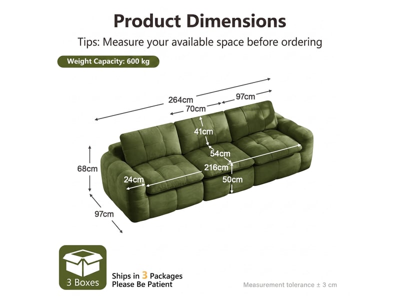Canapé 3 places, revêtement en tissu chenille, sans assemblage, vert - Conforama D