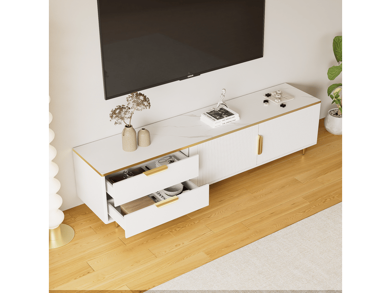  Meuble tv design bas avec texture sculptée, poignées et pieds dorés et structure marbrée meuble tv contemporain  - Conforama D