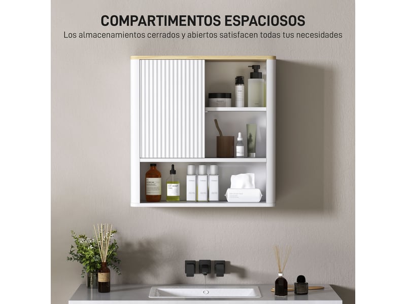  Armoire murale de salle de bain blanche, porte coulissante, 5 compartiments, 60 x 20 x 62 cm  - Conforama R