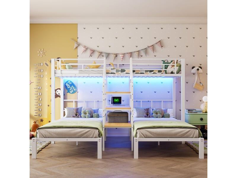  Lit superposé 90x200 cm avec bande lumineuse led et bureau, 3 couchages, lit enfant 2 ports usb + 1 prise électrique, blanc  - Conforama D