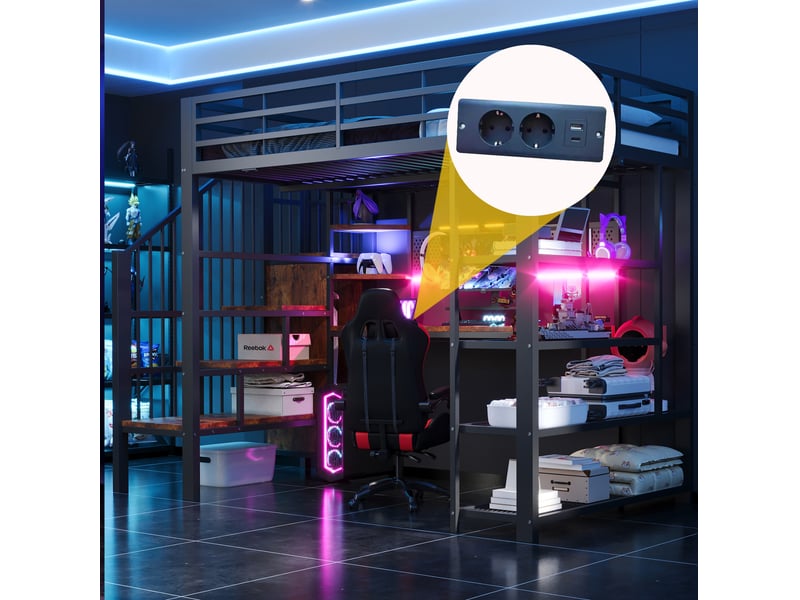  Lit mezzanine 140x200 cm – noir – mezzanine avec bureau, escalier de rangement, led, prises - sans matelas  - Conforama E