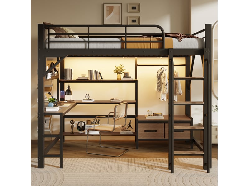  Lit mezzanine 140x200 cm avec bureau, rangements et led noir  - Conforama E