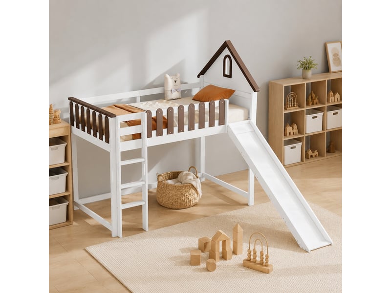 Lit mezzanine enfant avec toboggan, échelle droite et toit blanc et noyer 90 x 200 cm - Conforama C