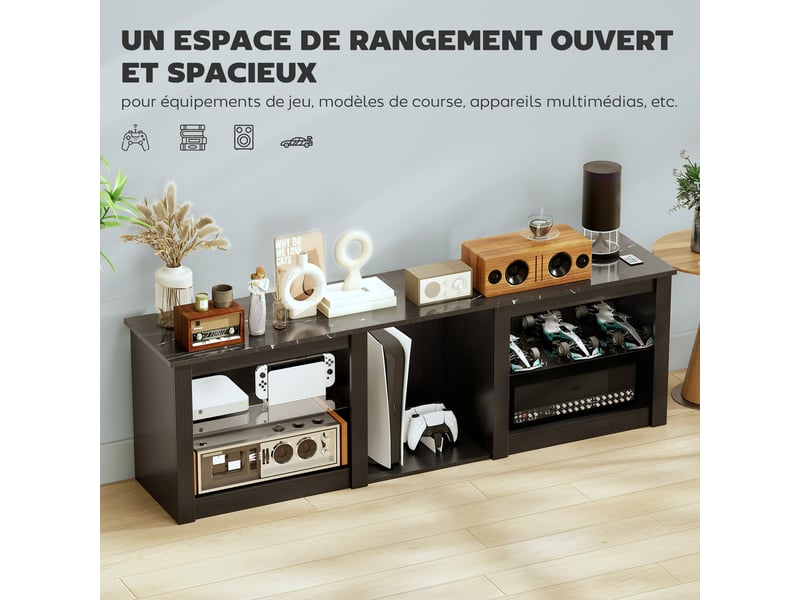  Meuble tv avec éclairage led pour télévision jusqu'à 70 pouces, noir, 160cm avec étagères en verre réglables  - Conforama E