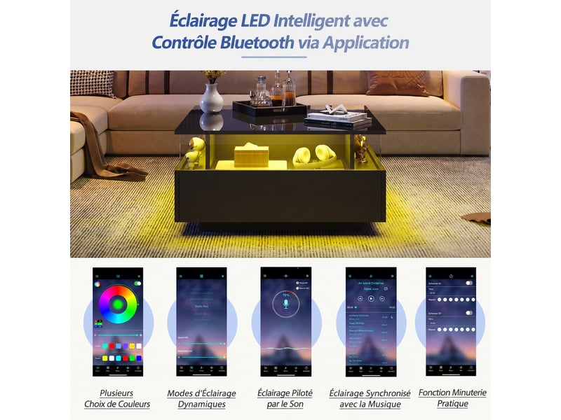  Table basse avec lumières led, 2 tiroirs de rangement, table de salon carrée, noire brillant  - Conforama E