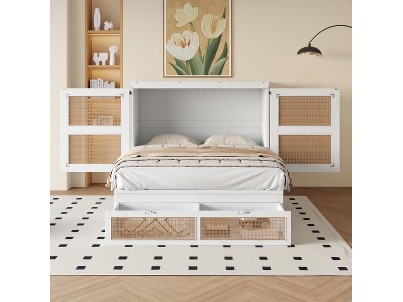  Lit escamotable 140x200 cm, rangements et 2 tiroirs, bois coloris blanc, sans matelas  - Conforama D