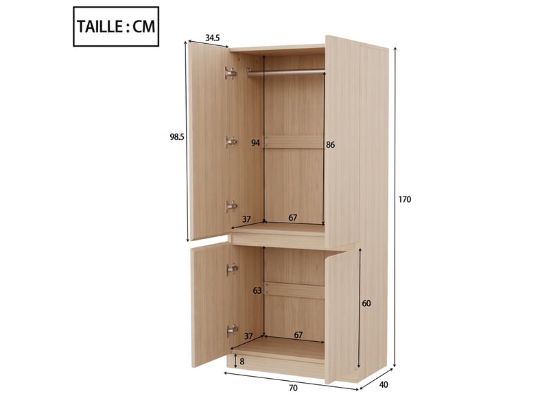  Armoire penderie 2 portes en bois naturel 70x40x170 cm avec compartiments de rangement, meuble de chambre  - Conforama C