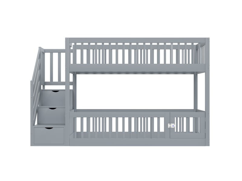  Lit superposé enfant 90x200 cm avec escalier à tiroirs bois gris sans matelas  - Conforama D