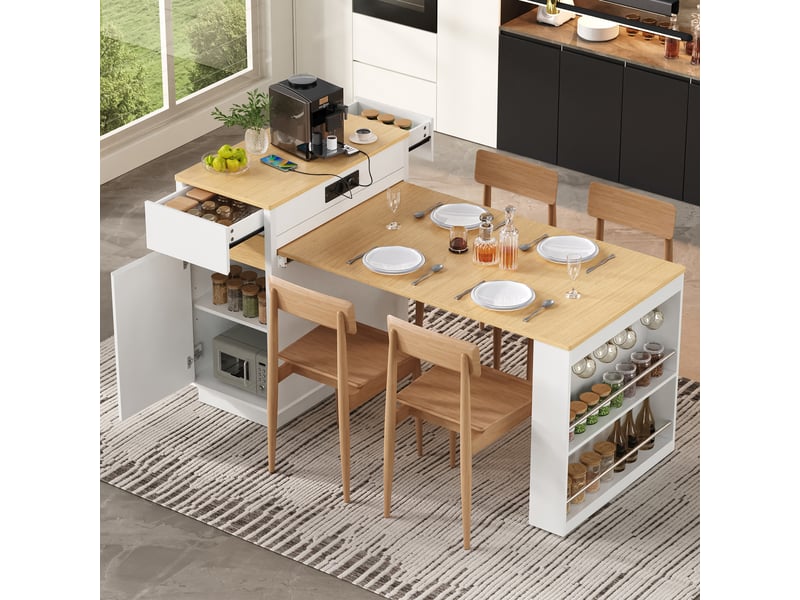  Desserte de cuisine extensible avec 4 tiroirs, led et ports usb pour cuisine en mdf 58 154×80,5×94 cm blanc  - Conforama B