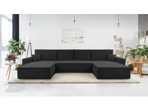 Canapé d'angle panoramique convertible <strong>AX LIVING </strong> <strong>Cedria U</strong> 5 places Velours côtelé gris avec coffre de rangement